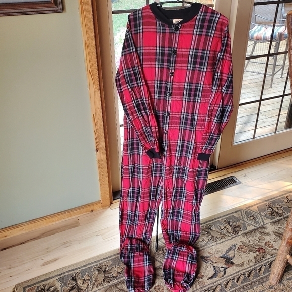 Big Feet Drop Seat Onesie Red Plaid Flannel Footed Sz XL Pajamas - Picture 1 of 16